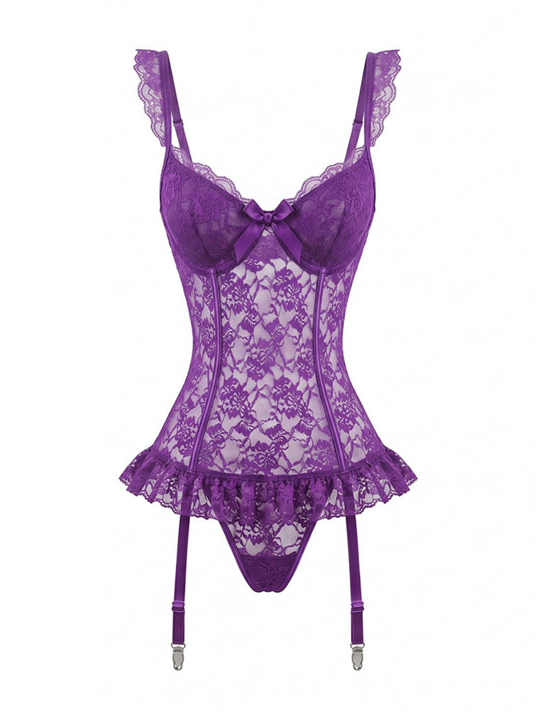 3PCS Ensemble lingerie dentelle violette bas années 1980