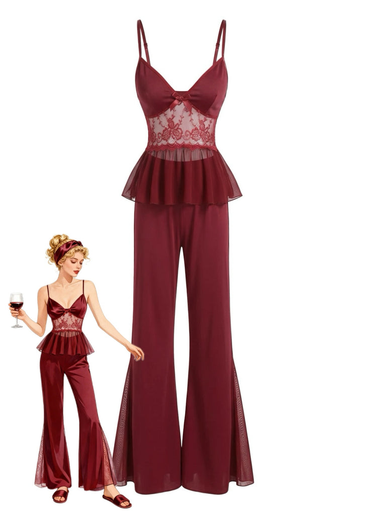 Ensemble Pyjama Rouge avec Top en Dentelle et Pantalon Évasé Années '80