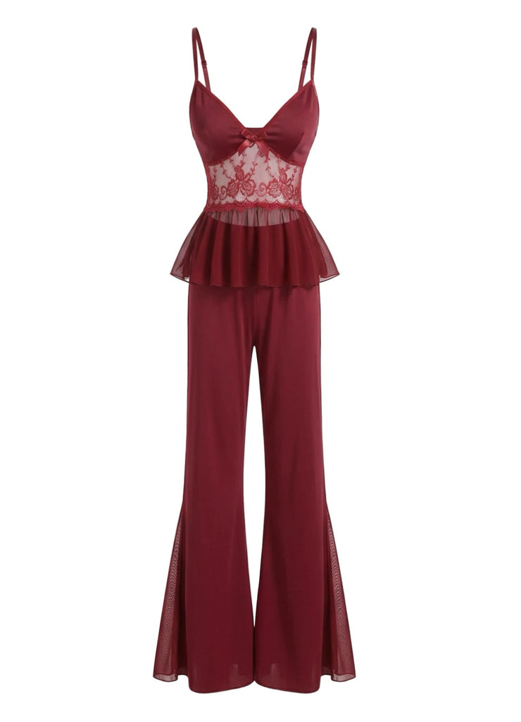 Ensemble Pyjama Rouge avec Top en Dentelle et Pantalon Évasé Années '80 2