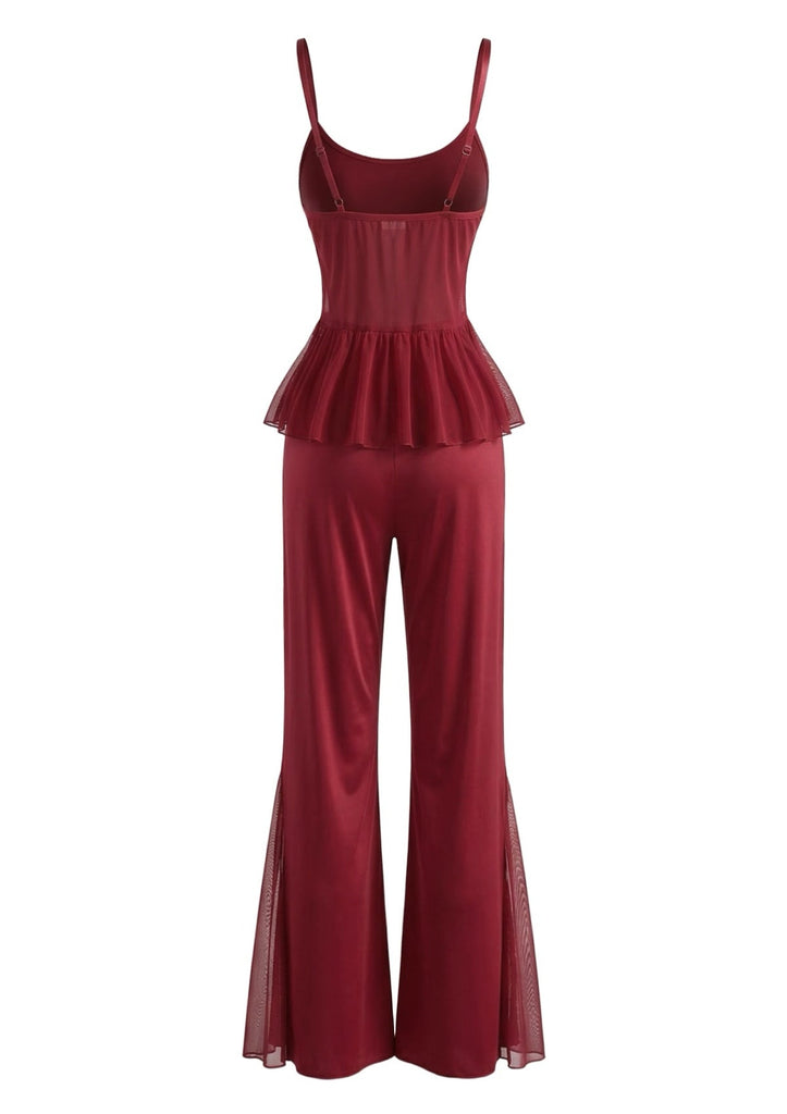 Ensemble Pyjama Rouge avec Top en Dentelle et Pantalon Évasé Années '80 3