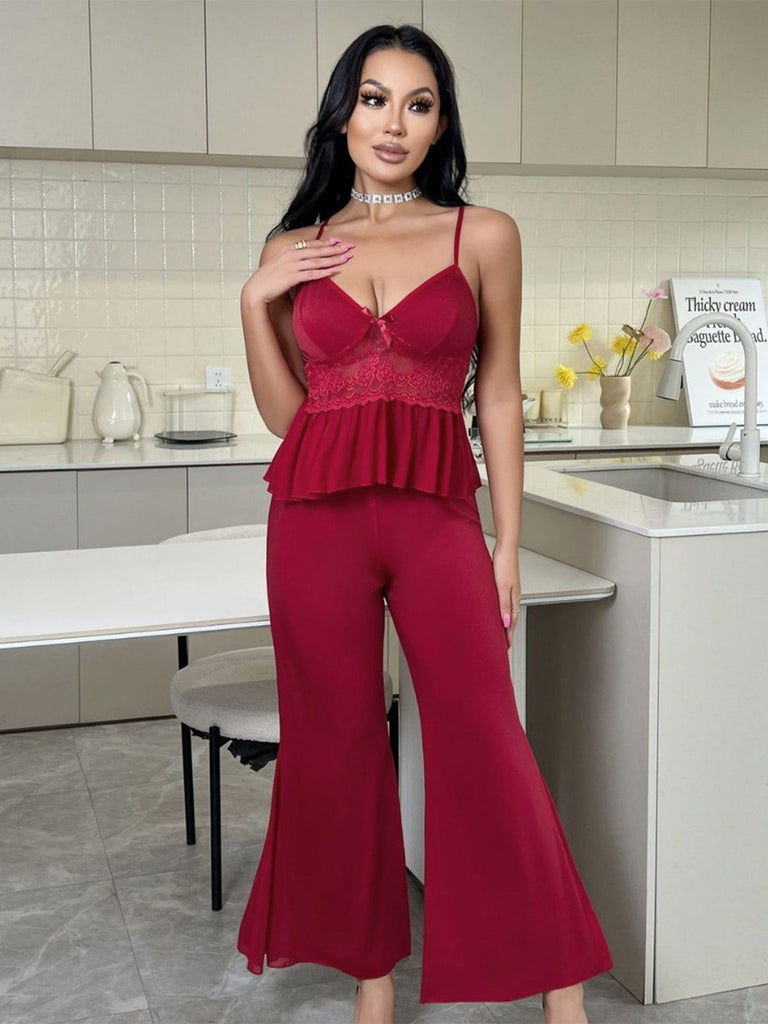 Ensemble Pyjama Rouge avec Top en Dentelle et Pantalon Évasé Années '80 4