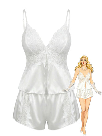 Blanc Dentelle Satin Camisole Pyjama Ensemble Années 1950