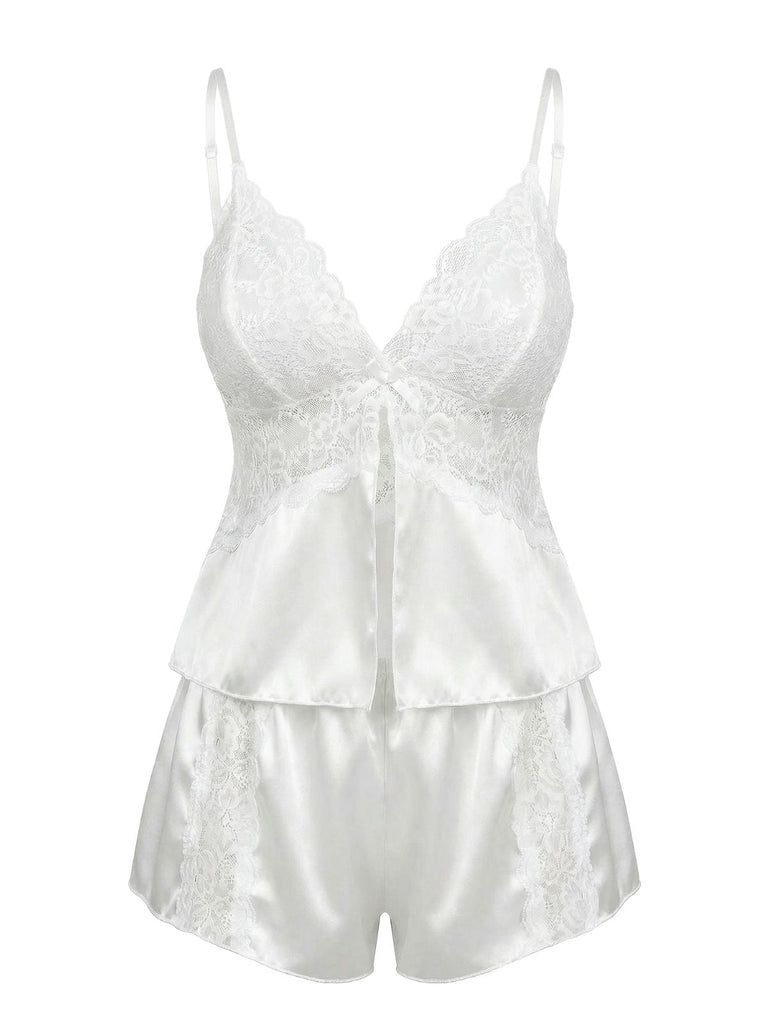Blanc Dentelle Satin Camisole Pyjama Ensemble Années 1950 2