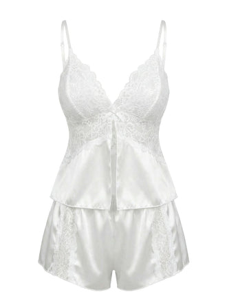 Blanc Dentelle Satin Camisole Pyjama Ensemble Années 1950 2