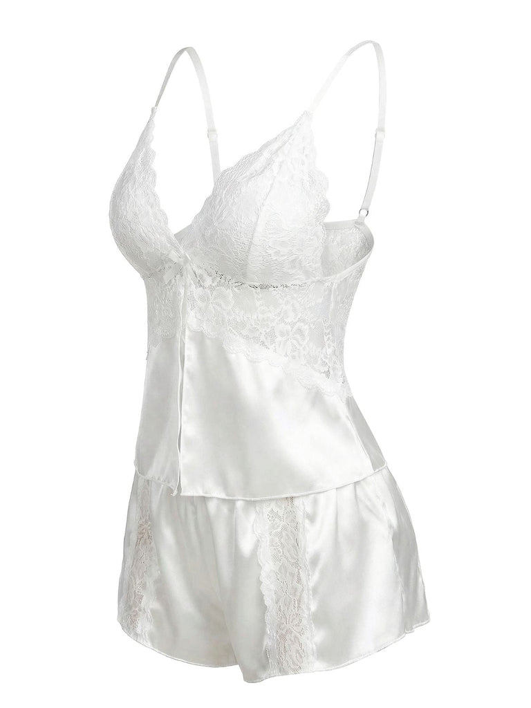 Blanc Dentelle Satin Camisole Pyjama Ensemble Années 1950 3