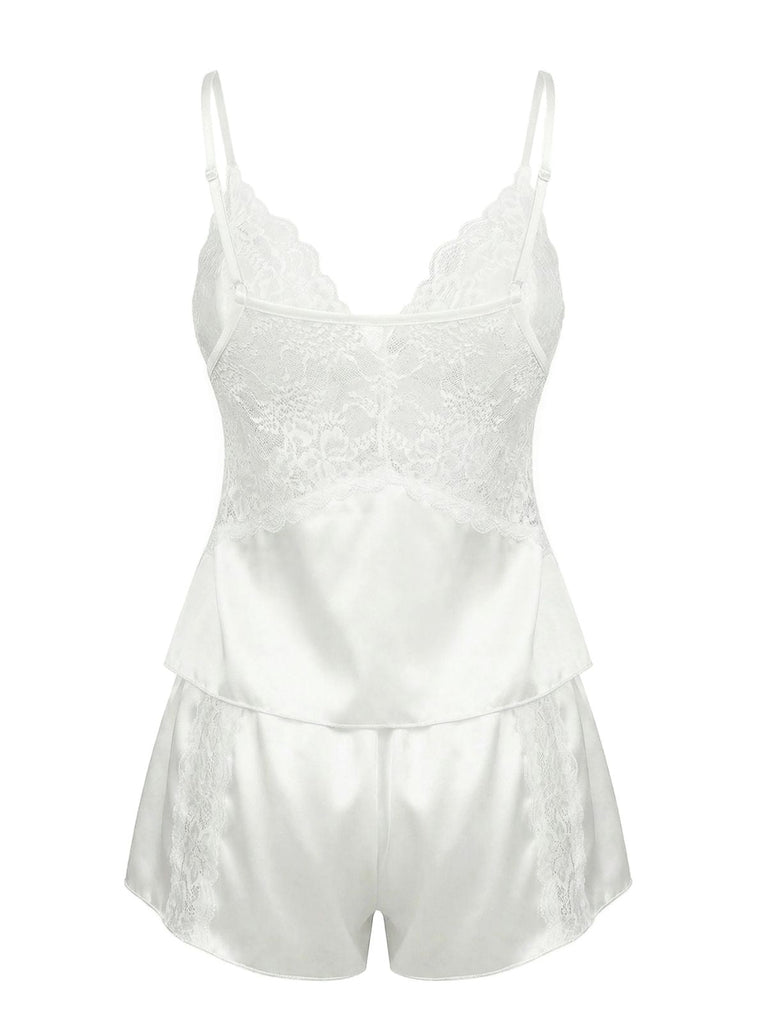 Blanc Dentelle Satin Camisole Pyjama Ensemble Années 1950 4