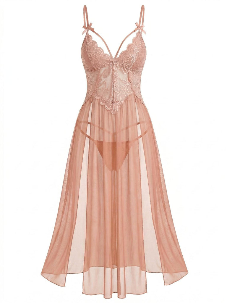 Chemise de Nuit en Dentelle à Bretelles Fines et Tulle Années '30