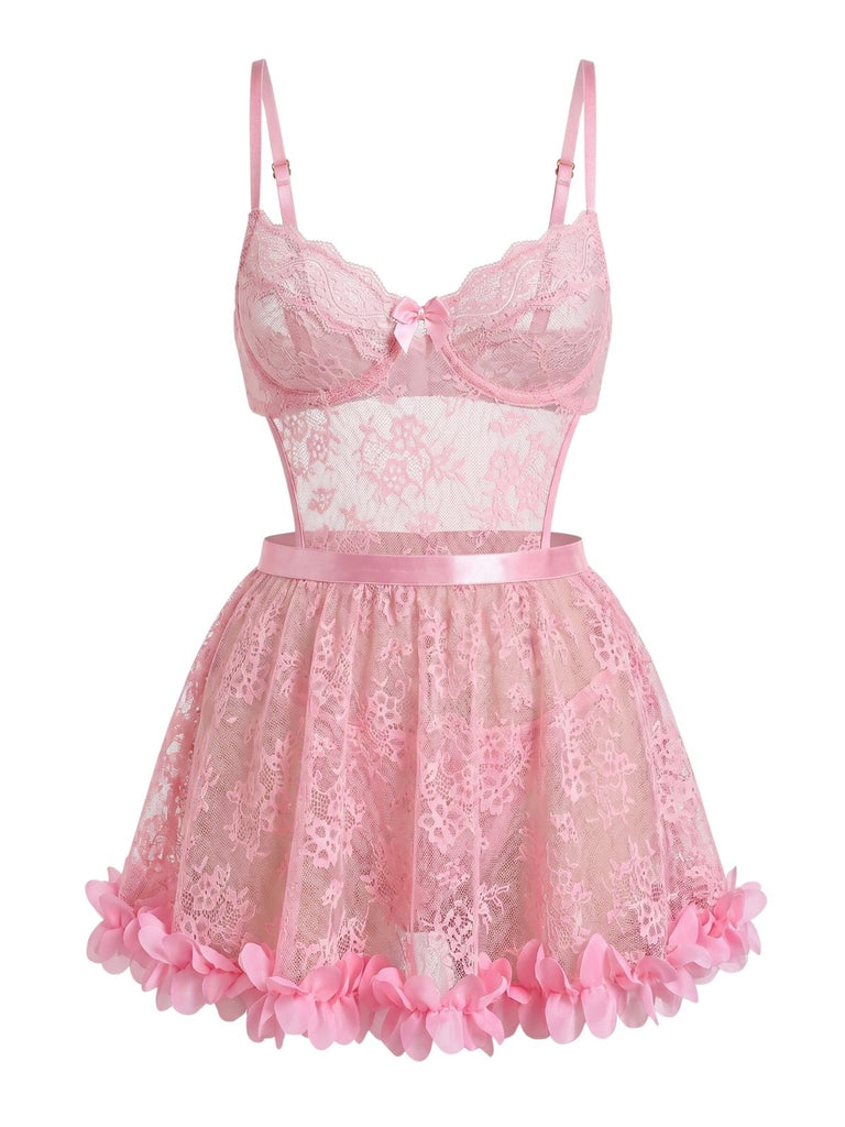 Nuisette Transparent Floral en Dentelle 3D Petal Babydoll Lingerie Rose Années 1950