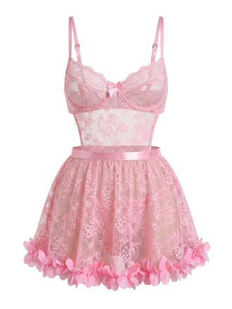 Nuisette Transparent Floral en Dentelle 3D Petal Babydoll Lingerie Rose Années 1950