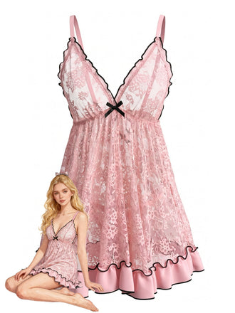 Nuisette Babydoll en Dentelle Transparente à Volants Rose Années 1980