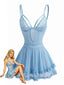 Chemise de nuit bleu lac motif floral fines bretelles et dentelle années 80