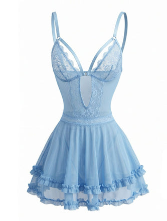 Chemise de Nuit Dentelle Bretelles Fines Floral Bleu Lac années 80 2