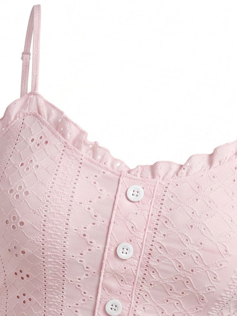 Ensemble Pyjama Bretelles Fines Boutonné à Œillets Volants années 50 4