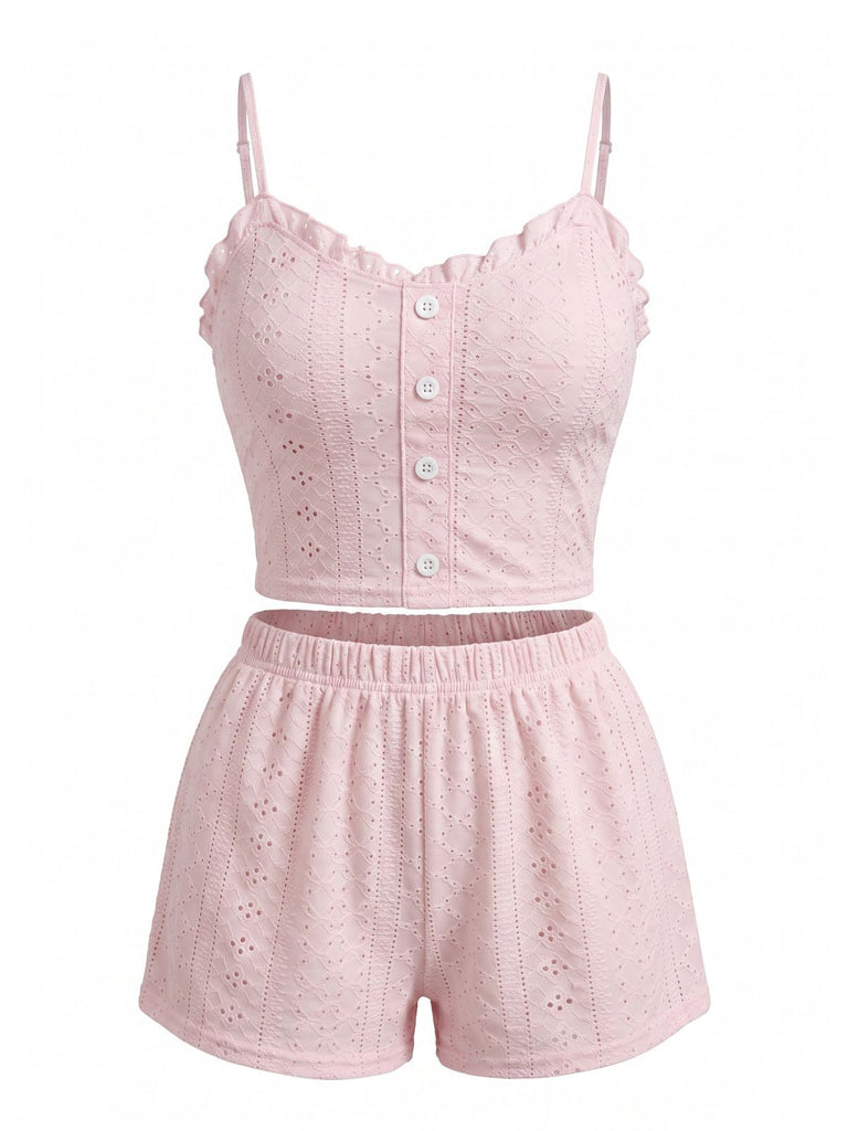 Ensemble Pyjama Bretelles Fines Boutonné à Œillets Volants années 50 2