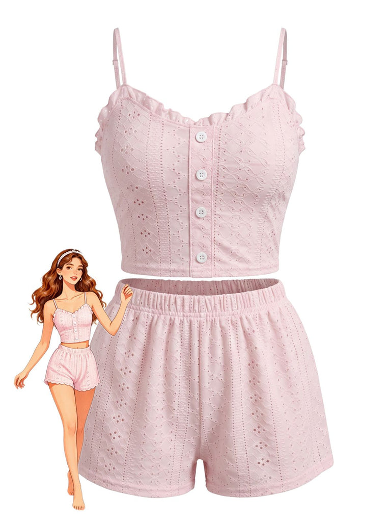 Ensemble Pyjama Bretelles Fines Boutonné à Œillets Volants années 50