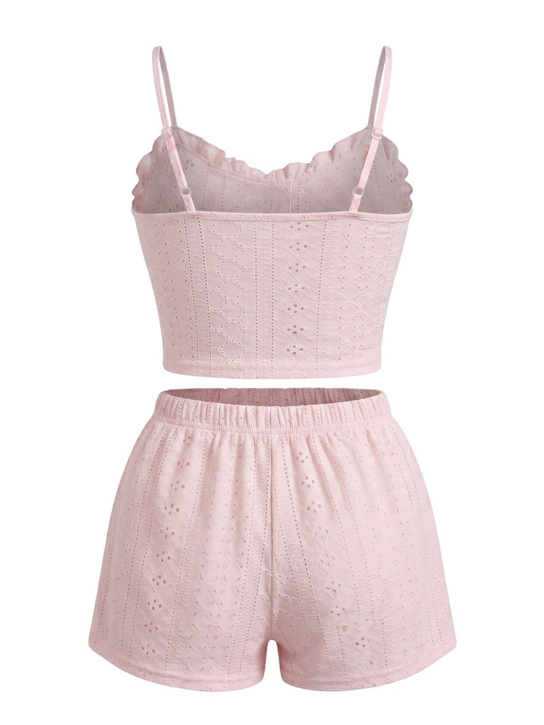 Ensemble Pyjama Bretelles Fines Boutonné à Œillets Volants années 50 3