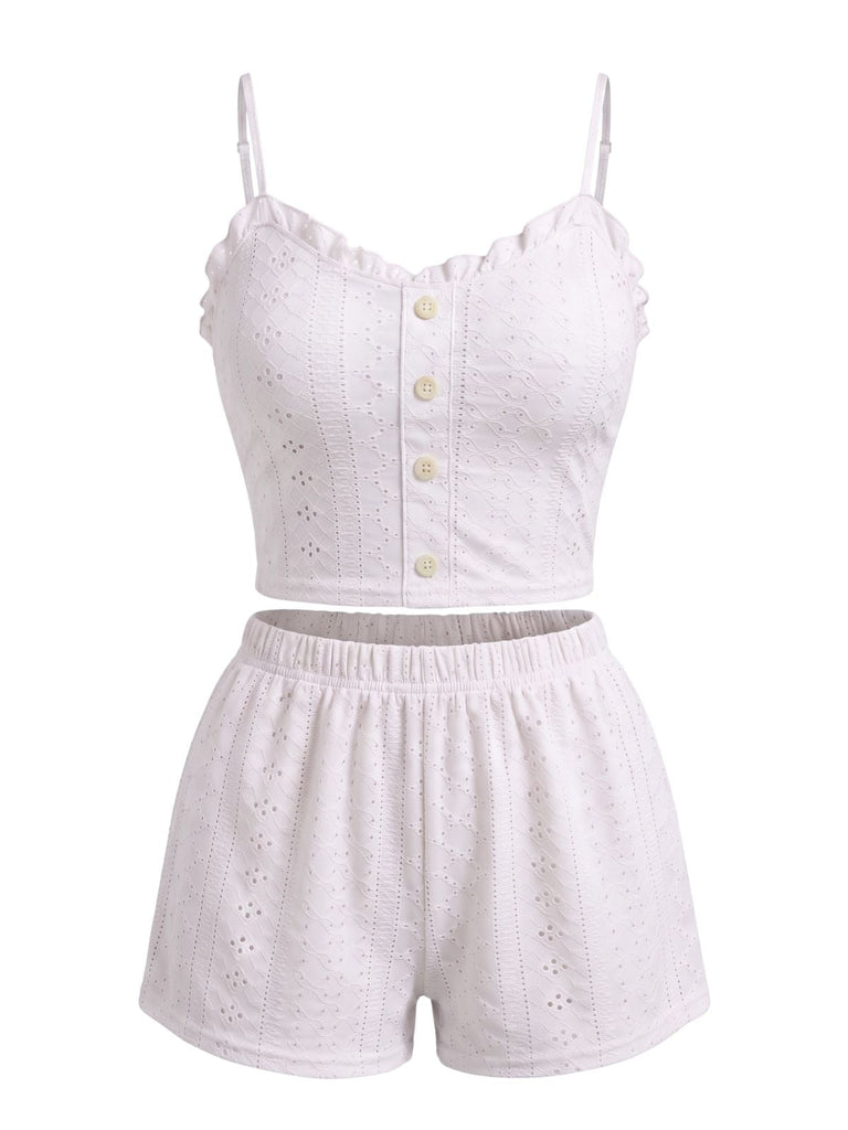 Ensemble Pyjama Bretelles Fines Boutonné à Œillets Volants années 50 8