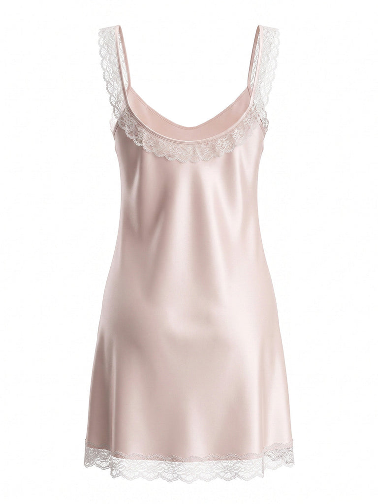 Chemise de Nuit Satin Dentelle Décolleté Arrondi Rose années 30 3