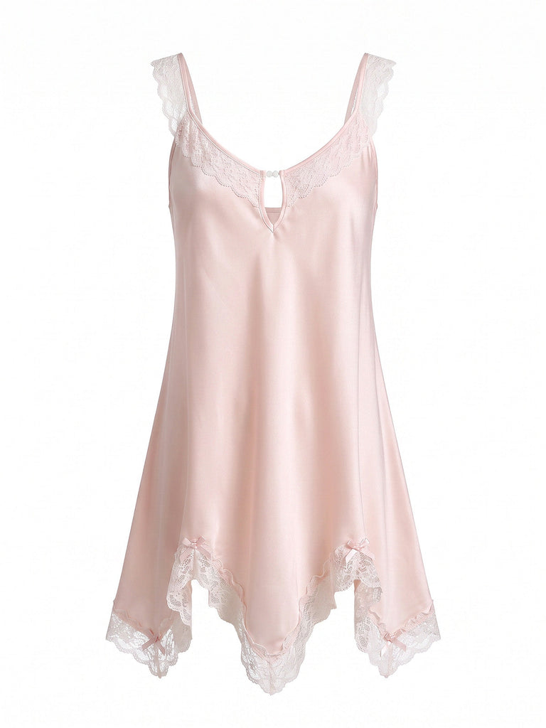 Chemise de Nuit Satin Dentelle Décolleté Arrondi Rose années 30 2