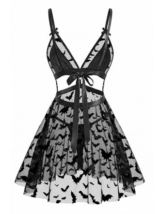 Ensemble de lingerie noir à chauves-souris avec découpes pour Halloween années 1970