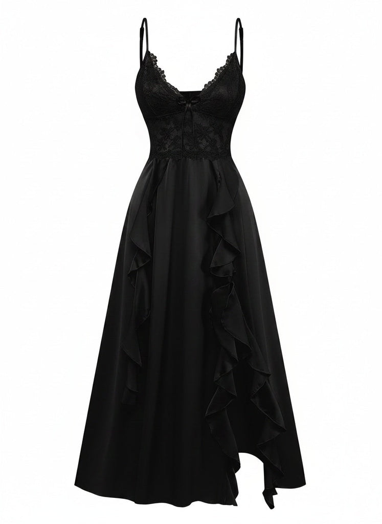 Nuisette à Bretelles Spaghetti Volants Satin Dentelle Années 50