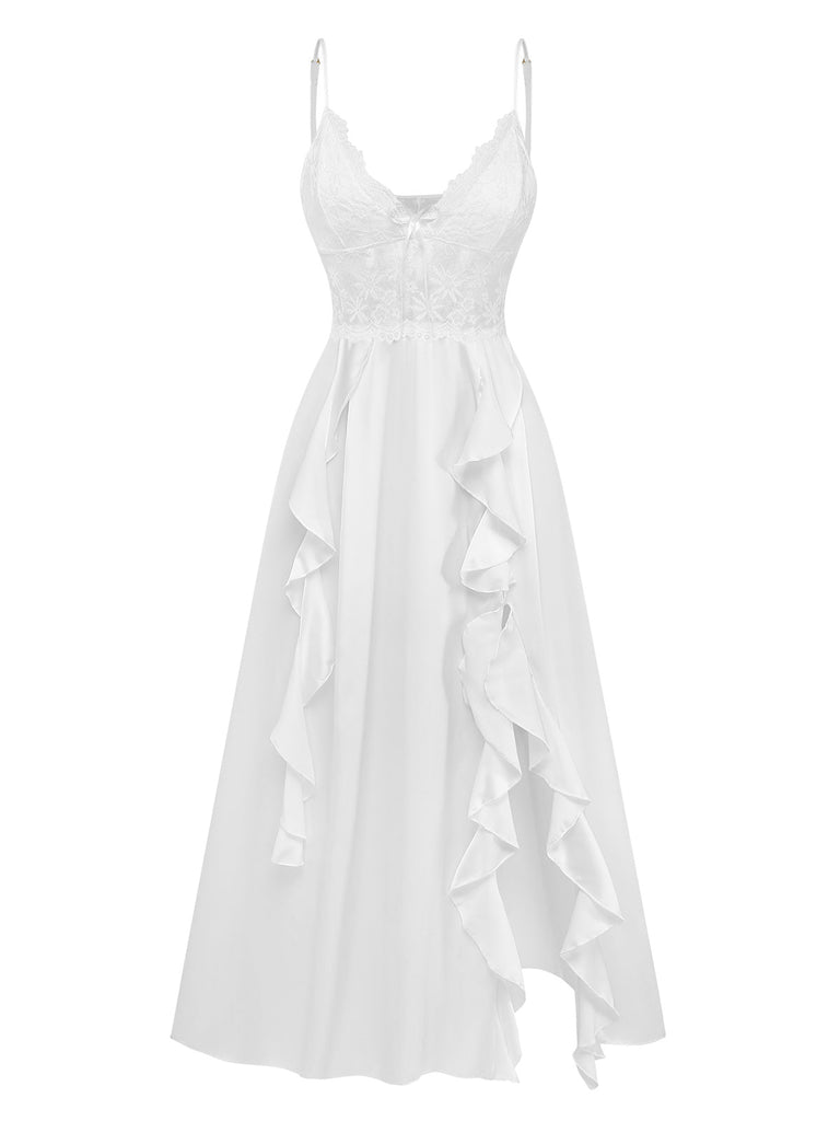 Nuisette à Bretelles Spaghetti Volants Satin Dentelle Années 50