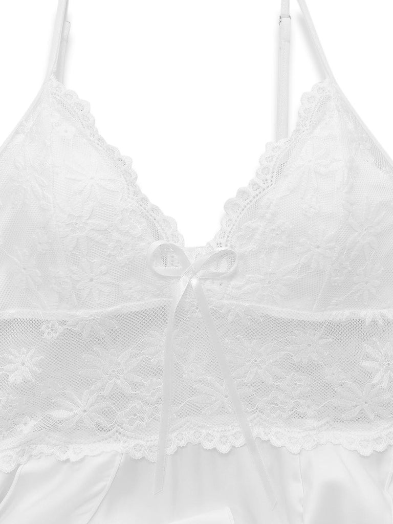 Nuisette à Bretelles Spaghetti Volants Satin Dentelle Années 50