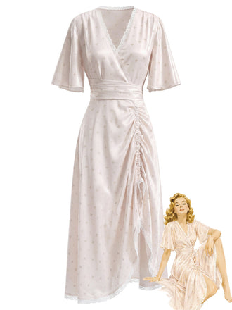 [Prévente] Nuisette Satin Petites Fleurs Convertible Ruched Ourlet Années 1950