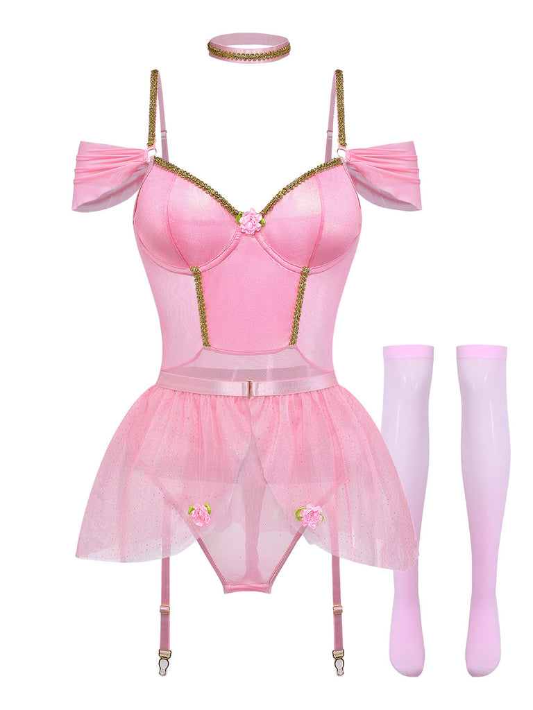 Ensemble 4 Pièces Lingerie Body Tutu Ballet Pailleté Rose Années 60