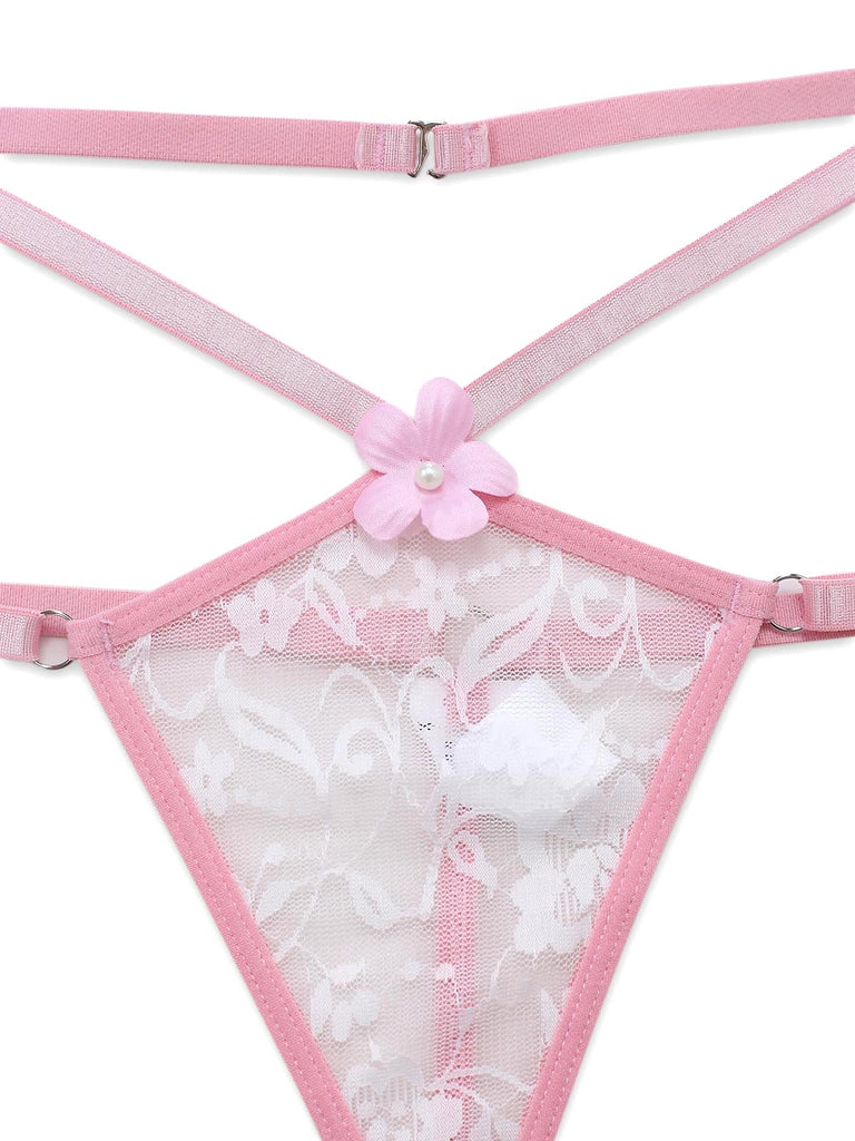 Ensemble Pyjama Florale Dentelle Épaules Dénudées Rose Années 1960 6
