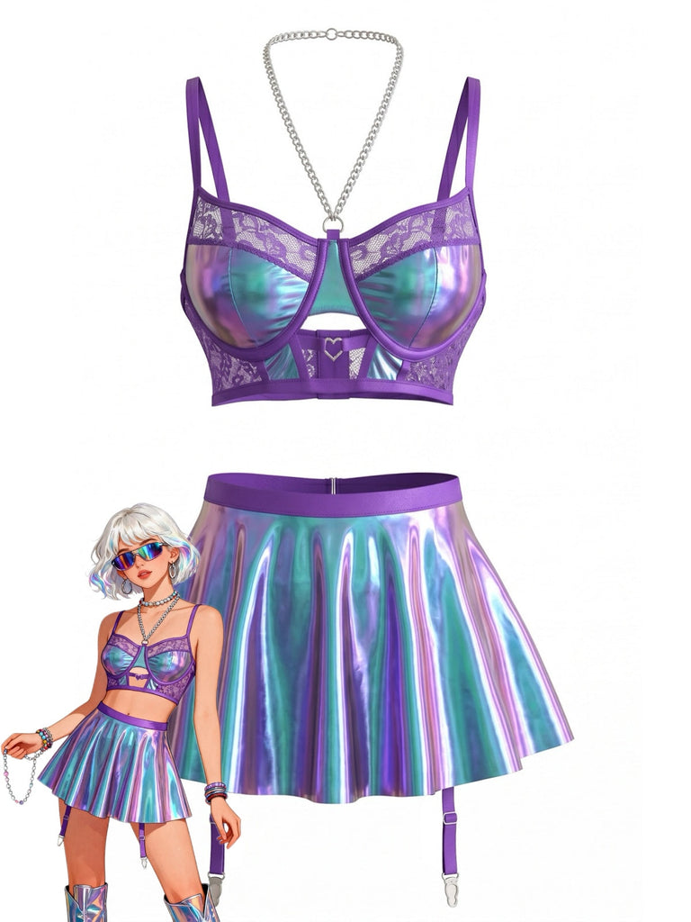 Nuisette Halter Dentelle Holographique Chaîne Lingerie Violet Années 1980