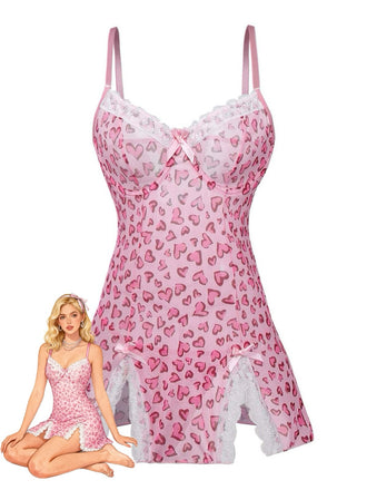 Nuisette Léopard Dentelle Cœur Imprimé Bordure Babydoll Lingerie Rose Pêche Années 1950