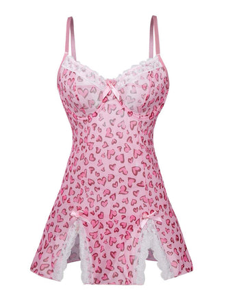 Nuisette Léopard Dentelle Cœur Imprimé Bordure Babydoll Lingerie Rose Pêche Années 1950 2
