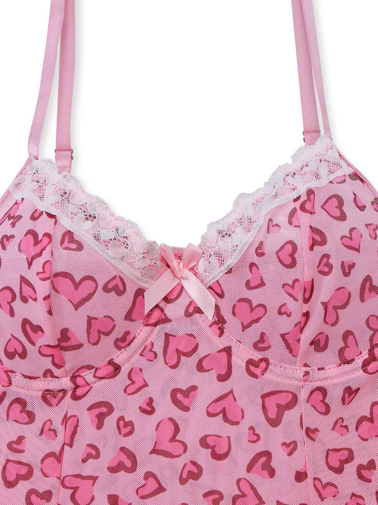 Nuisette Léopard Dentelle Cœur Imprimé Bordure Babydoll Lingerie Rose Pêche Années 1950 4