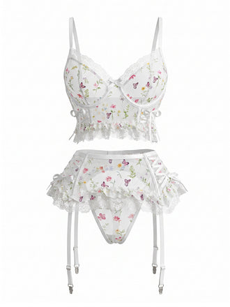 Nuisette Blanc Floral Dentelle Armature Porte-Jarretelles avec Bas Années 1950