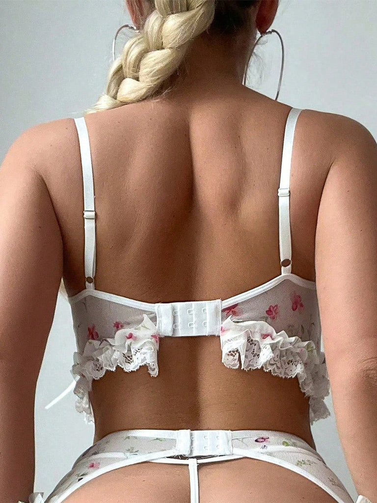 Nuisette Blanc Floral Dentelle Armature Porte-Jarretelles avec Bas Années 1950 5