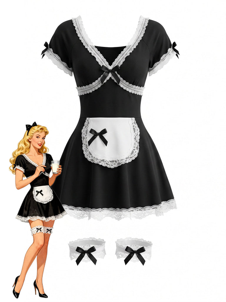 Robe courte noire costume de soubrette en dentelle à nœud et jarretelles années 1980