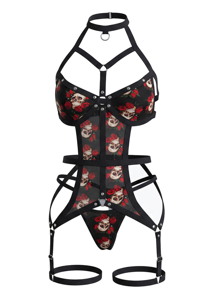 Body lingerie à bretelles, motifs crânes et toiles d'araignée Années 1970