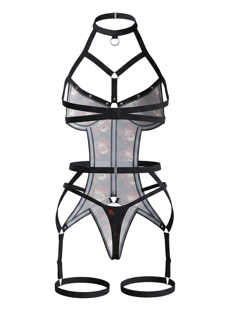 Body lingerie à bretelles, motifs crânes et toiles d'araignée Années 1970
