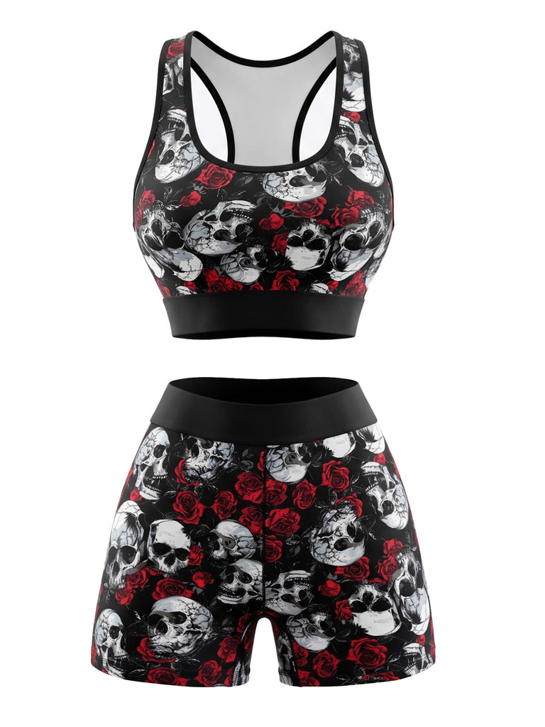 Ensemble soutien-gorge de sport et short noir à imprimé crânes et roses d’Halloween années 1980