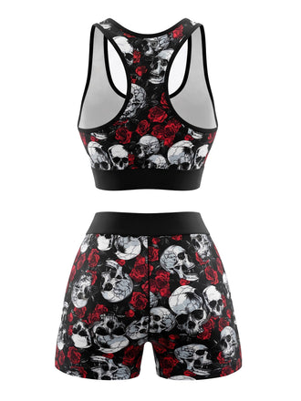 Ensemble soutien-gorge de sport et short noir à imprimé crânes et roses d’Halloween années 1980