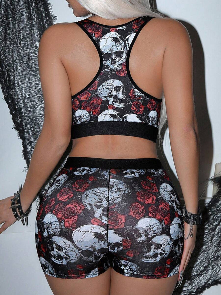 Ensemble soutien-gorge de sport et short noir à imprimé crânes et roses d’Halloween années 1980