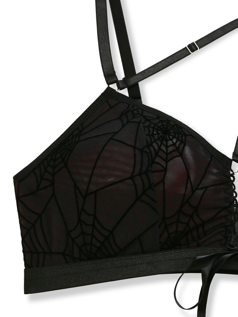 Sleepwear Gothique Spiderweb Filet Halter Crop Lingerie Ensemble Années 1980