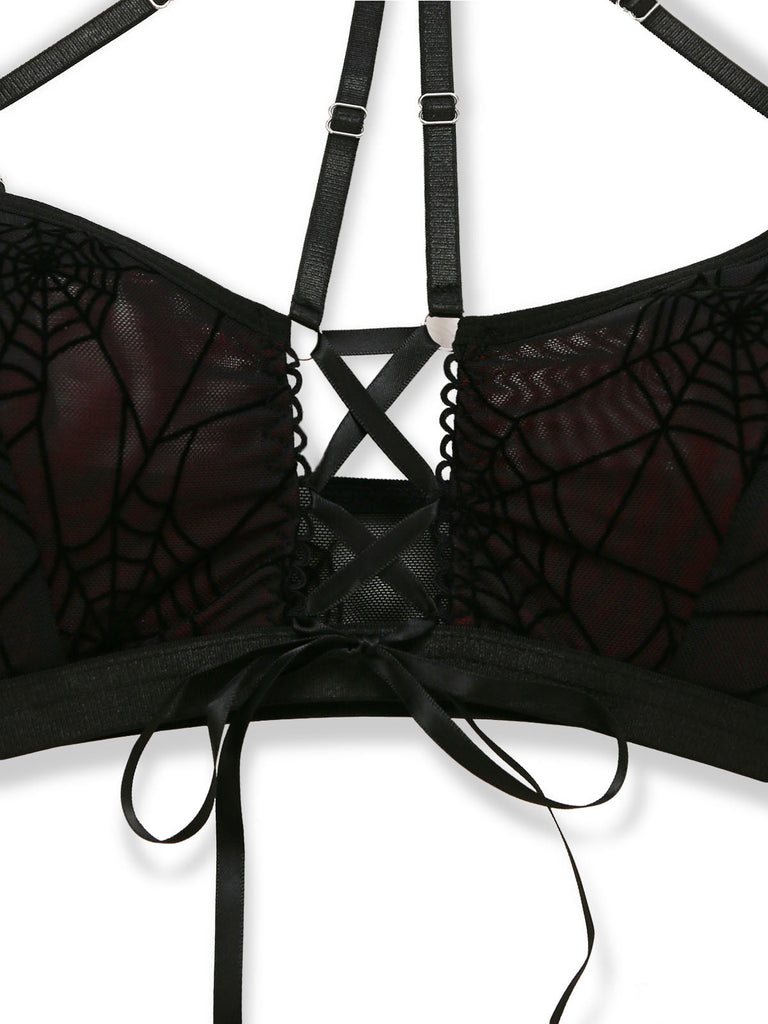 Sleepwear Gothique Spiderweb Filet Halter Crop Lingerie Ensemble Années 1980