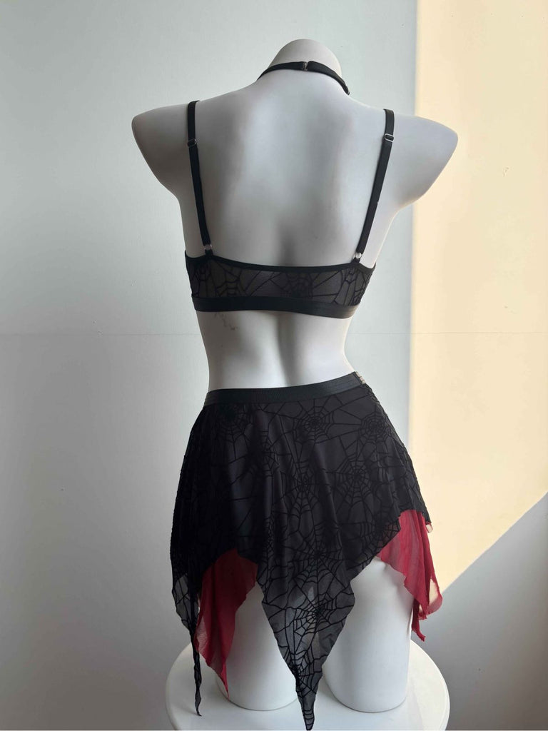 Sleepwear Gothique Spiderweb Filet Halter Crop Lingerie Ensemble Années 1980