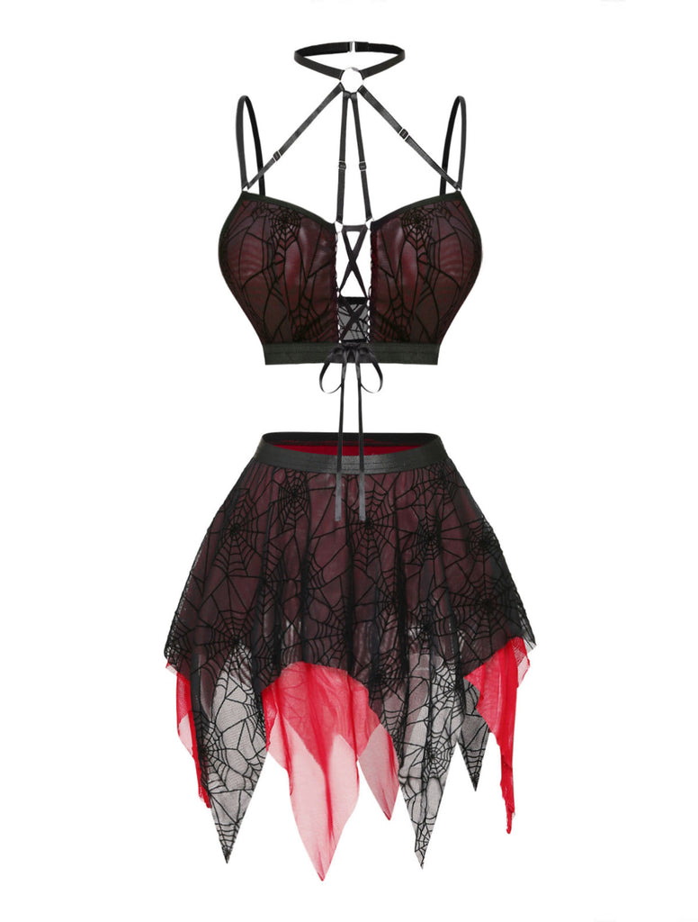Sleepwear Gothique Spiderweb Filet Halter Crop Lingerie Ensemble Années 1980