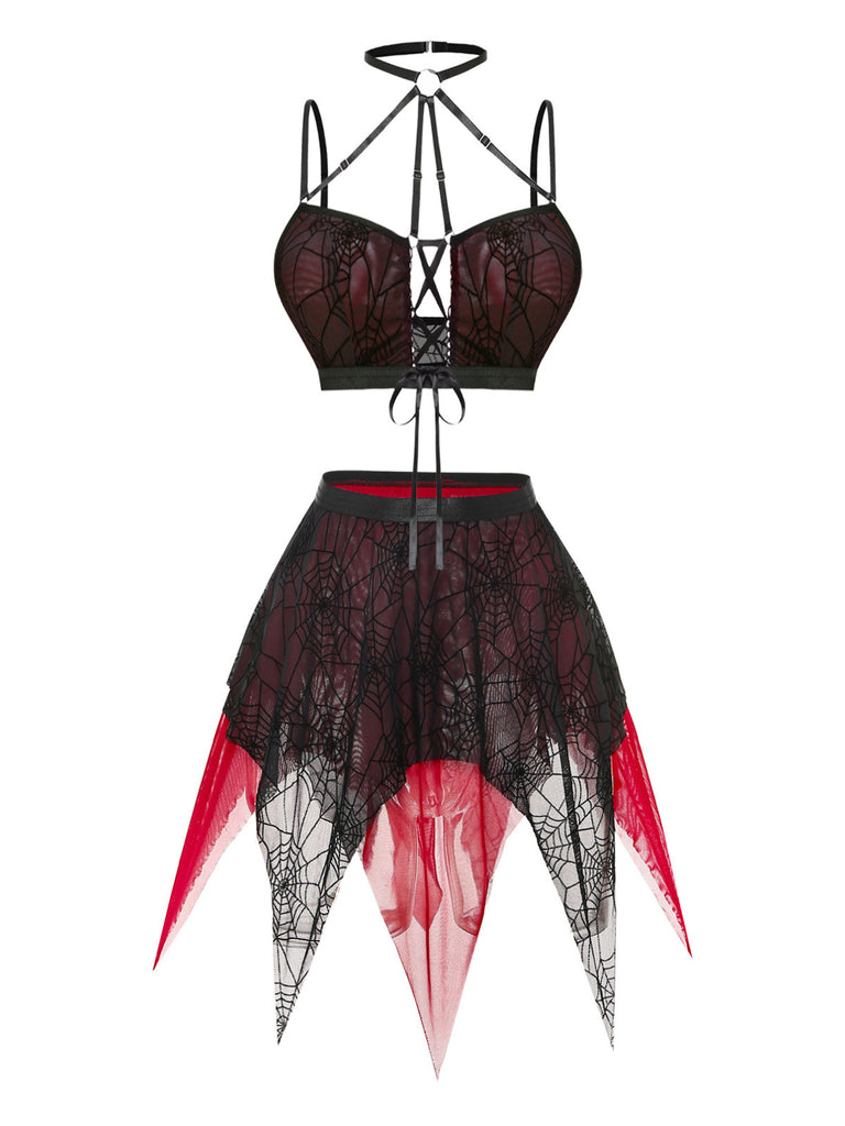 Sleepwear Gothique Spiderweb Filet Halter Crop Lingerie Ensemble Années 1980