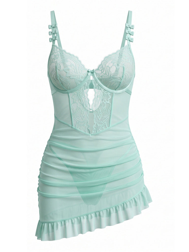 Nuisette babydoll vert menthe en dentelle à nœud années 1980 - 1