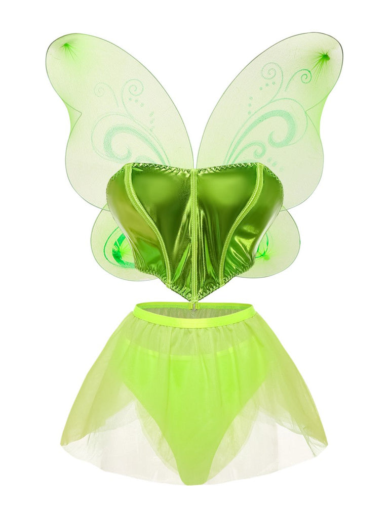 Ensemble pyjama de fée vert métallisé en tulle avec ailes années 1980