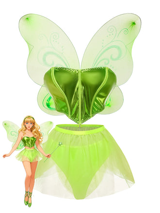 Ensemble pyjama de fée vert métallisé en tulle avec ailes années 1980